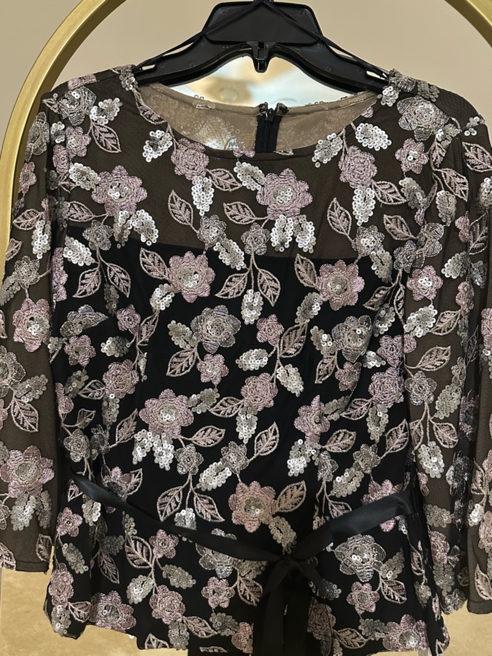 Alex Evenings Black Top with lilac & Silver Sequin Floral Embroidery